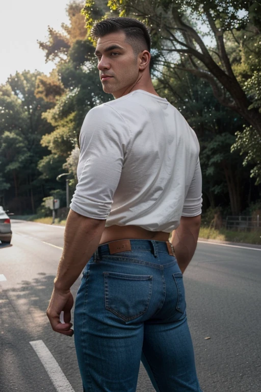 A European man, pale man, His body is muscular and has a defined chest.. six pack. ingle. cars, hair against the wind. toothed beard.  big Bulge, in a moment of reflection. full body. fake, brown Jeans backside.  are over 