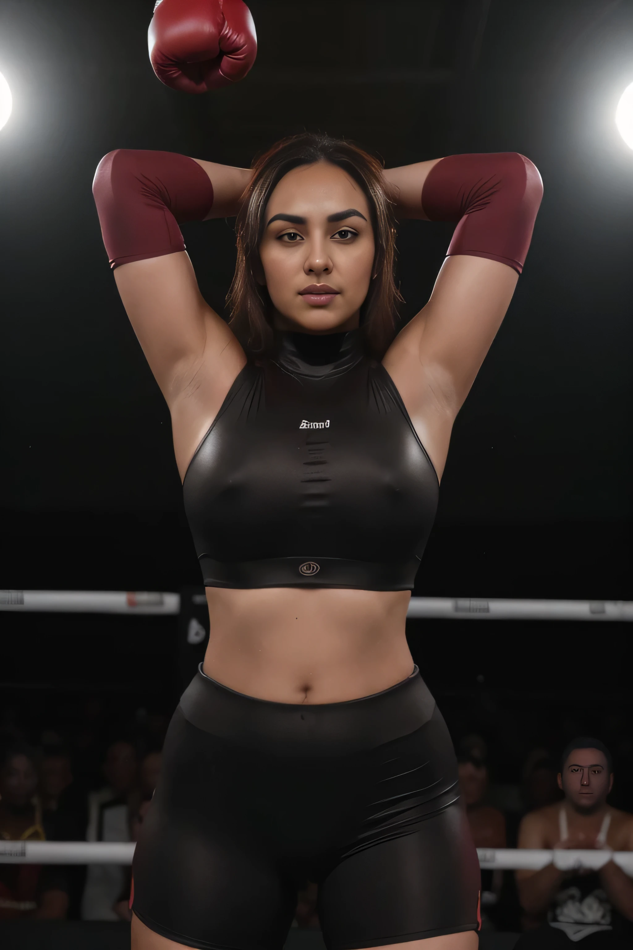 Looks like Sonakshi Sinha,slightly chubby,wearing black boxing gloves,black boxing gloves,boxing ring,sweaty,tired,exhausted,arms raised,both arms up,boxing gloves on both hands, intricate details,maroon outfit,(ArtStation:1.2),armpits,sweat,sweaty,sweaty armpits,arms up,showing armpits,awesome armpits,eyeroll,red outfit,red arm warmers,red arm bands,maroon arm warmers
