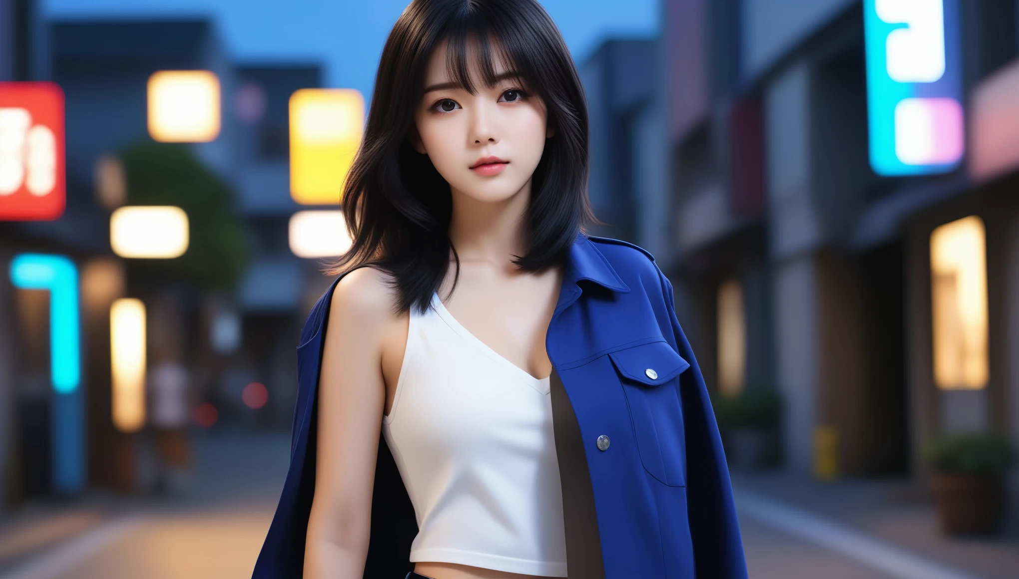 8k, Ultra-high resolution, highest quality, masterpiece, Surreal, photograph, 1 girl, (16 years old:1.3), pretty girl, Cute Face, 細部まin美しい目, 細かくdetailedに,masterpiece,Japan Female Announcer, A woman with long black hair and a blue jacket is standing on the street, Beautiful woman with long black hair, Anime drawing by Yang J, Pixiv, Serial art, anime Style 4 k, anime Style. 8k, GwaiteS Style artwork, RealiStic anime 3d Style, anime Style illuStration, high quality anime art Style, digital anime illuStration, realiStic anime art Style, anime art Style, Very colorful, Pop feel, in.S. Summer image, night of SummerSide, Adult woman around 27 yearS old, Very SophiSticated, That will happen, wearing a colorful jacket, black jeanS, tall model body Shape, Sublime Dreams, mySteriouS, Cool Beauty, madoka ayukawa, It will happen, Anime drawing by Yang J, Trending at Art Station, realiSm, extremely detailed The buds of art, RealiStic anime 3D Style, anime Style 4 k, モデルまin | The buds of art, anime Style. 8k, caSual clotheS, realiStic anime art Style, Style The buds of art, Sharp outline, higheSt quality, The perfect angle, perfect compoSition, The perfect Subject, beSt Shot, Official Art，CD jacket, 80S city pop, very StyliSh, faShionable Dynamic Pose、 Sexy pose、See through 、Looking at the audience、beauty,Long neck、Laugh a little、Please close your mouth and laugh、(((Ideal body type))),A-cup small breasts :2,、Portraiture:2、Perfect Anatomy、鮮明なdetailed、detailed、Surreal、Light and shadow,Strong light,Fashion magazine cover,Thin lips