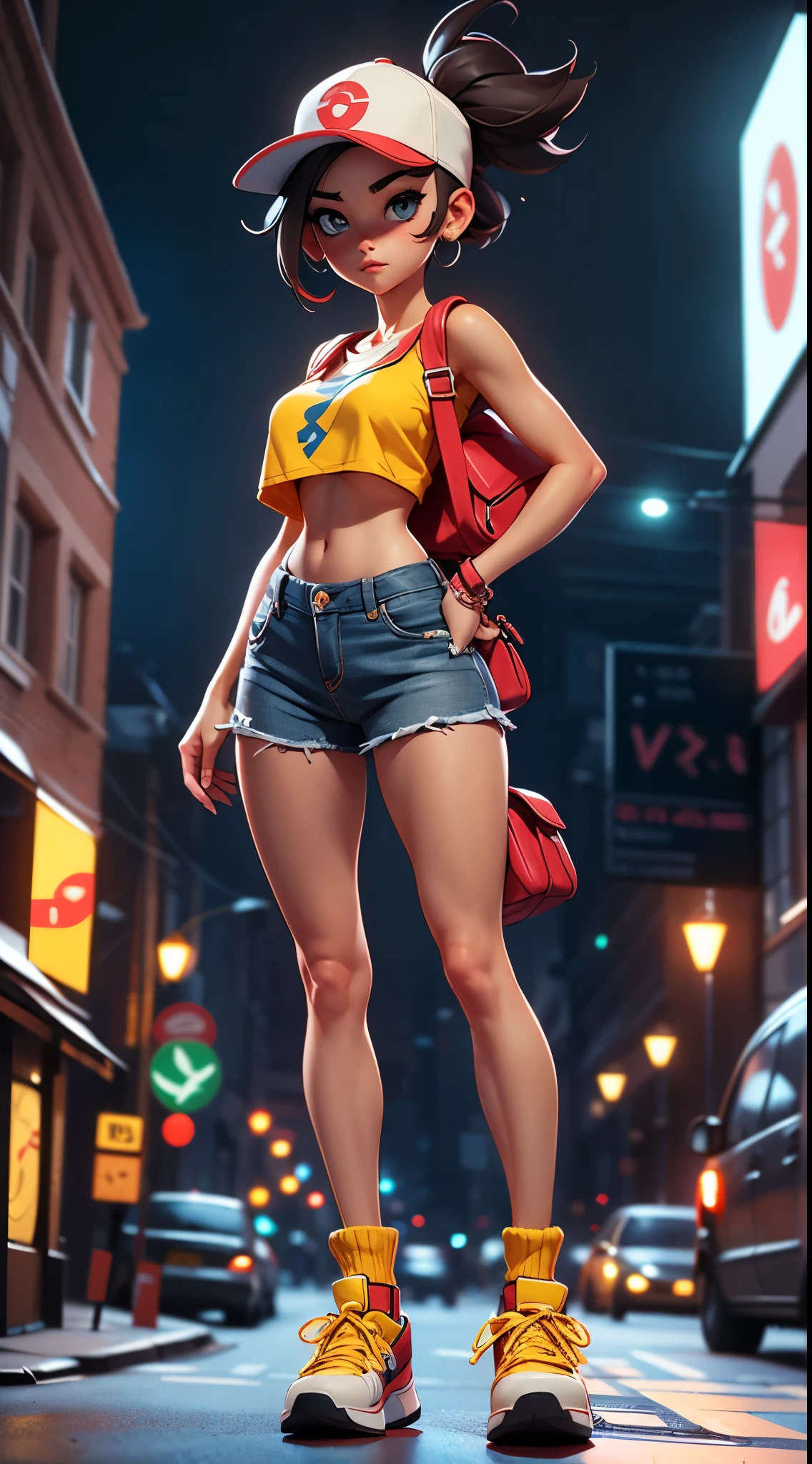 1 female, solo, Misty from Pokemon, masterpiece, very detailed, EnvyBetterHands LoCon, standing position, streets background, realistic body proportion, wearing a denim short, yellow crop top with straps, EnvyBetterHands LoCon
