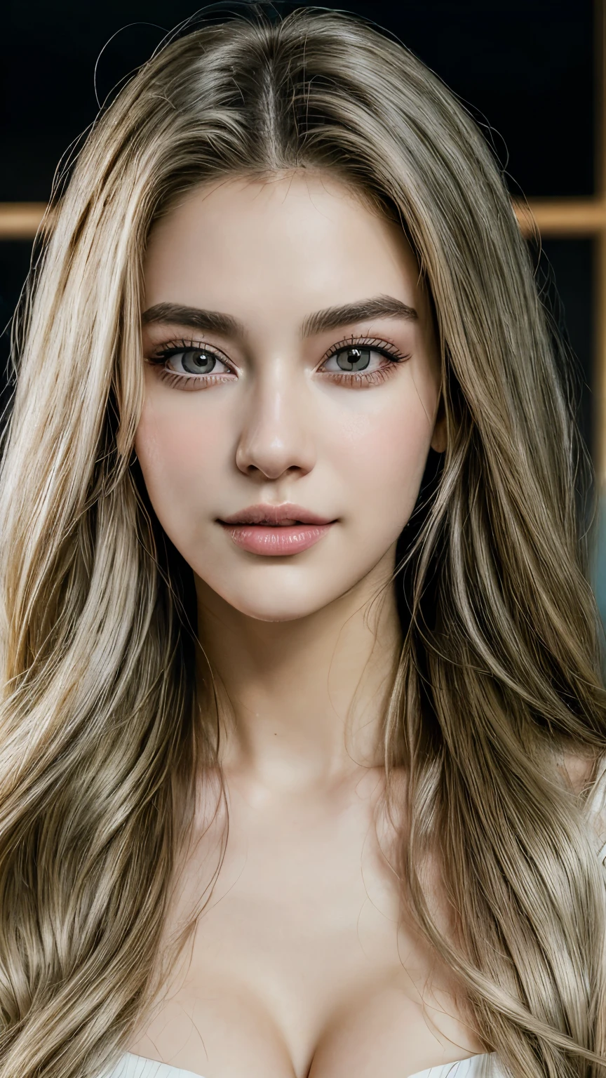 (Top Quality, Masterpiece, Super Hi-Res, Photorealistic:1.4), 4K, Beautiful 18 year old woman, Beautiful details, Clean skin, Smile, Lips, Realistic Long eyelashes, Extra large cleavage, Stylish shirt, Full length photo, Graceful posture, Beautiful silver hair, Piercing, Beautiful vivid colors, Beverly Hill's Stylish cityscape, Realistic lighting, Attractive expression, Looking at the camera, One person