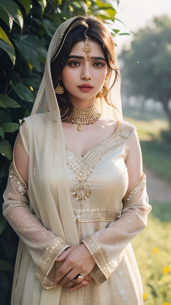 (((desi girl))), chubby face, natural skin, wearing hot deep neck khamir salwar and dupatta, charming black hair, Badi Choti ((hair ends are blonde)) Khet Mein Bada gana Khet background, bokeh