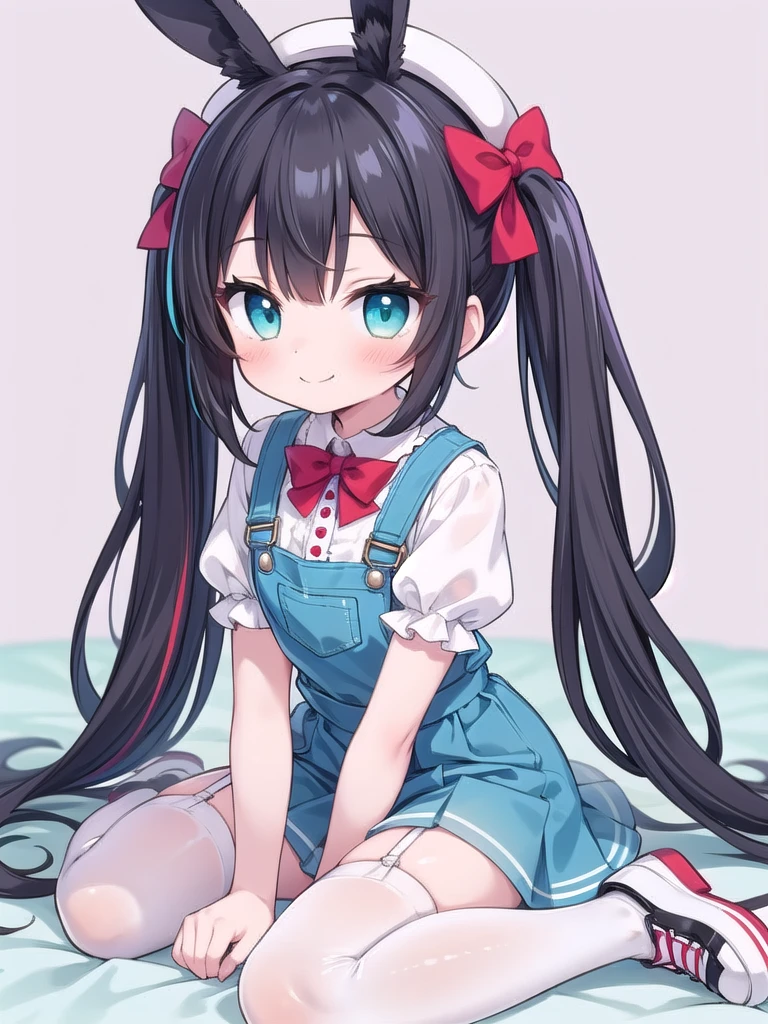 1girl, best quality, perfect hands, black rabbit ears, long rabbit ears, rabbit girl, smile, multicolored hair, black hair, cyan streaked hair, cyan colored inner hair, black to cyan gradient hair, very long hair, twintails, red ribbon, red hair bow, cyan eyes, white shirt, overalls, blue skirt, very short skirt, puffy short sleeves, white beret, blush, hair ornament, white thighhighs, white garter straps, (white beret:1.5)