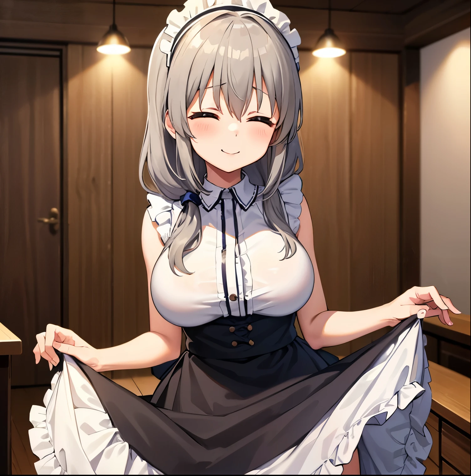 1girl, alone, uzaki tsuki,masterpiece,best quality,highres,detailed,closed eyes,long hair,hair between eyes,bangs,hair over shoulder,huge breasts,,indoors,cafe,maid,maid headdress,apron,(skirt hold:1.2),(curtsy:1.2),standing,cowboy shot,smile,sexy body, perfect hands, perfect anatomy 