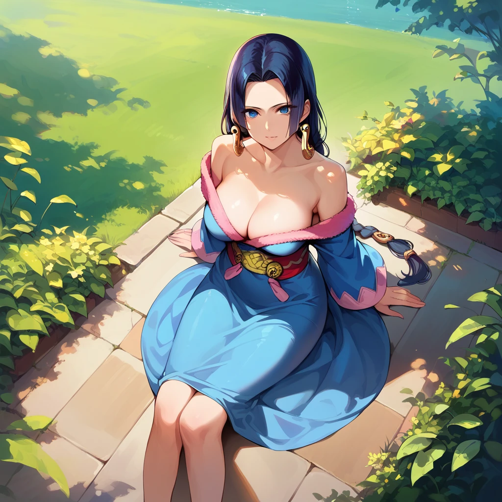 core_9, score_8_up, score_7_up, score_6_up, source anime, boa hancock, 1girl, solo, sitting, blue dress, off shoulder, low twin braids, hair ornament, from above, outdoors, looking at viewer, masterpeice, best quality, aesthetic, little busty , real life