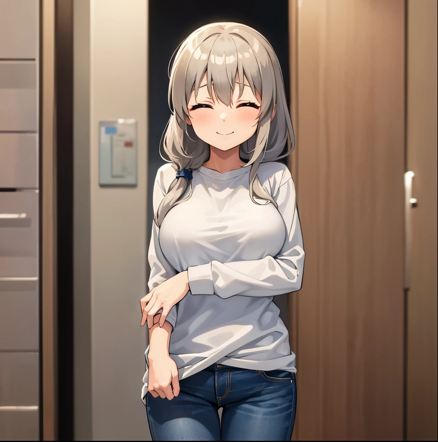 1girl, alone uzaki tsuki, long hair, large breasts, sweater, smile, looking at viewer, one side ponytail, closed eyes, jeans, Sexy body,standing, cowboy shot, high resolution, Masterpiece, perfect hands, perfect anatomy 