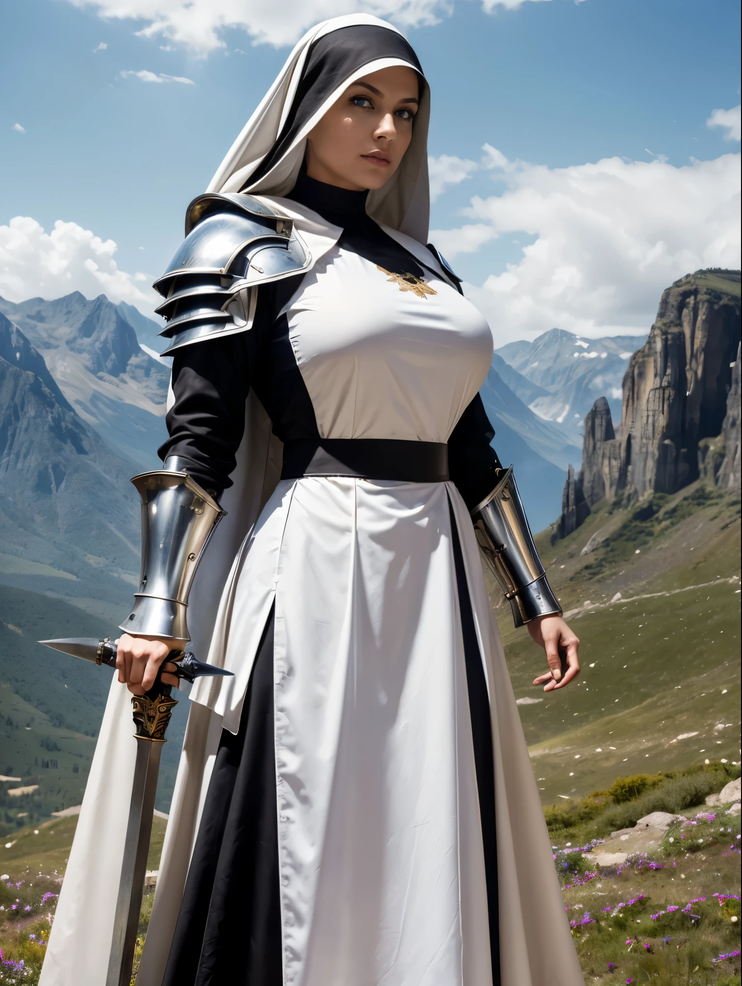 (masterpiece, top quality, best quality, official art, beautiful and aesthetic:1.2), (1girl:1.3), ((Sharp facial features, sharp features, hawkish features)), ((blue eyes)), busty brunette paladin knight girl, extremely detailed, portrait, looking at viewer, solo, (full body:0.6), detailed background, full-body shot, (warm mountain meadow theme:1.1), holy knight, (nun), charlatan, smirk, mysterious, swaying in mountains, armor, polished metal, gold trim, long boots, white fabric, pelvic curtain, robe, pale leather, ((((nun, greatsword, corona, holy aura, heavy armor, armored, long legs, pelvic curtain, toned, muscular)))), slim waist, slim hips, long legs, medieval (mountain exterior:1.1) background, dark mysterious lighting, shadows, magical atmosphere, dutch angle