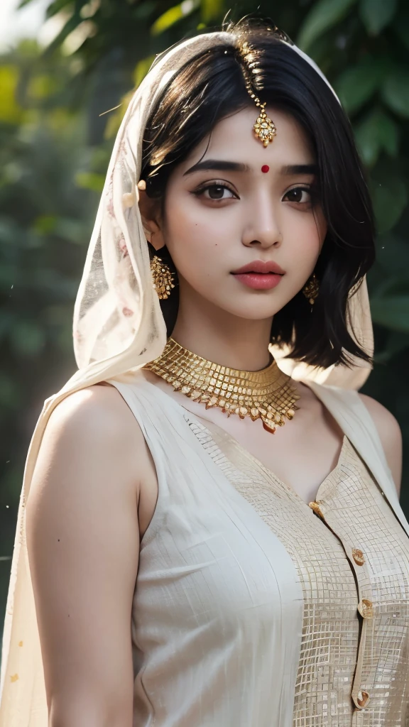 (((desi girl))), chubby face, natural skin, wearing hot deep neck khamir salwar and dupatta, charming black hair, Badi Choti ((hair ends are blonde)) Khet Mein Bada gana Khet background, bokeh