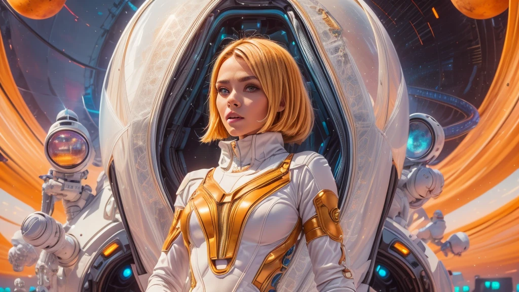 arafed image of a white woman in a futuristic suit with a spaceship in the background, movie art, in front of an orange background, inspired by Robert McGinnis, female protagonist, megastructure in the background, portrait of an ai astronaut, astronauts, an astronaut, portrait of a astronaut skeletor, perfect android girl, detailed eyes, perfectly detailed teeth, frank franzzeta and sakimichan  