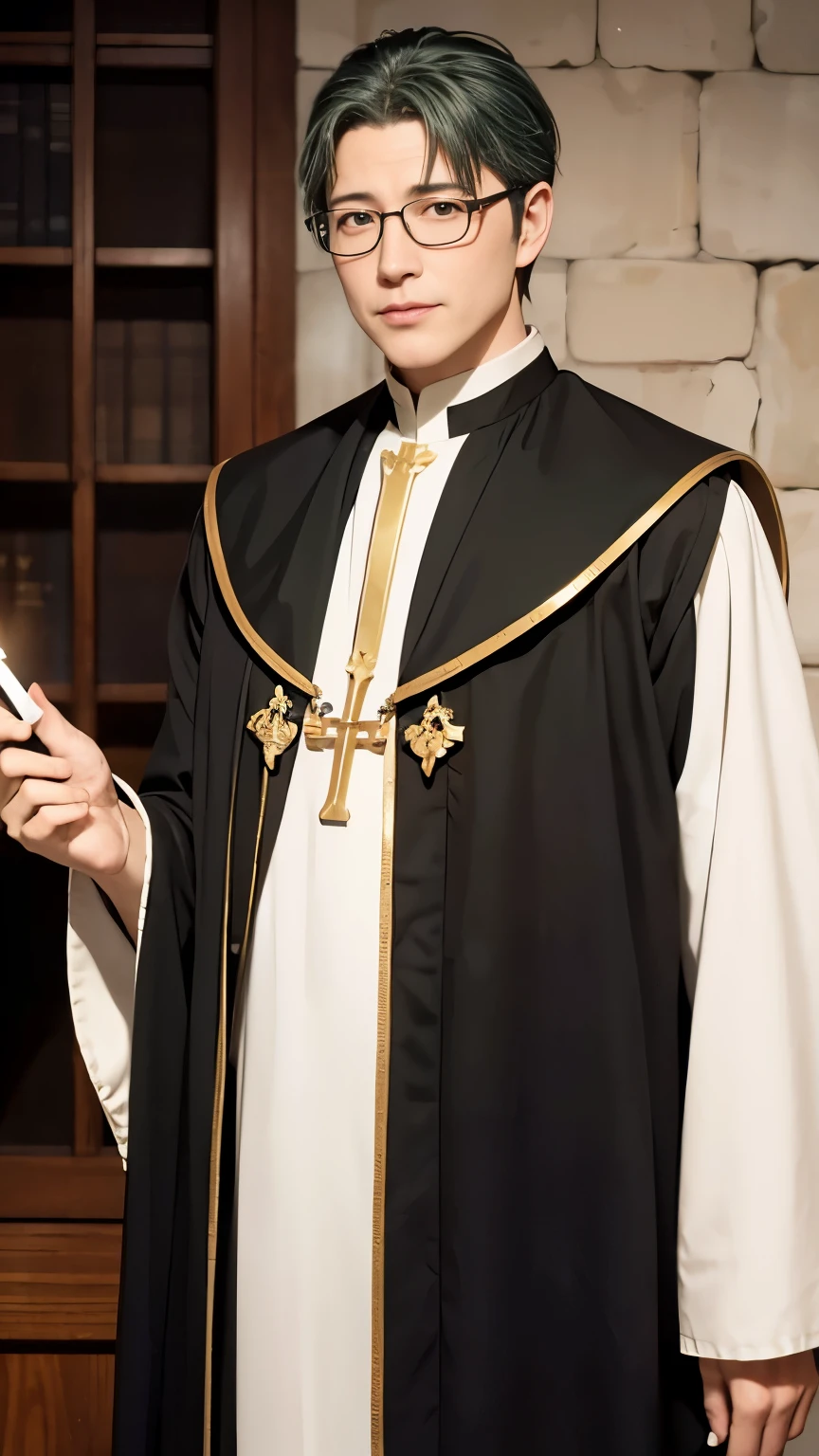 8k, best quality, highres, realistic, real person, A clergy character with glasses and short hair, who, despite being a cleric, ((enjoys a cigarette)), ((dark Green hair color )) , The cleric's attire is a blend of traditional and modern elements, reflecting their unconventional personality. The setting is a dimly lit, cozy space, suggesting a private retreat where the clergy can unwind. The character's demeanor is relaxed and a bit mischievous, adding an interesting contrast to their holy profession, middle-aged gentleman, little smile
