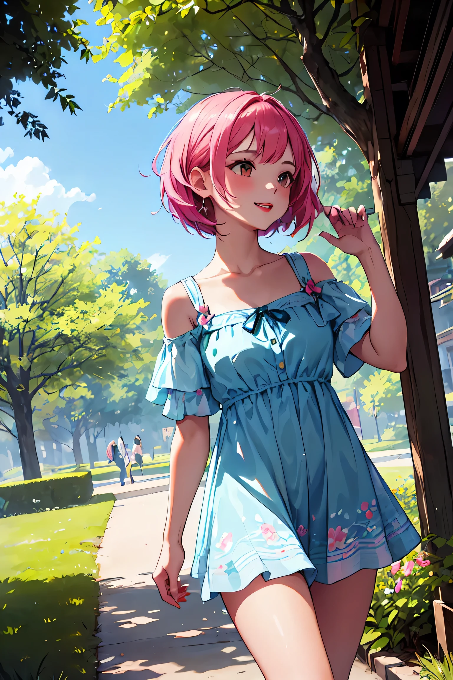 A (((beautiful adult girl))) dressed in a (((frolicking short frock )))and with long sleaves, with flowers of a vivid pink color adorning its folds and a sprinkling of green leaves, accompanied by flowering hair and cherry-red lips, enjoying a warm, sunny day in a picturesque city park

