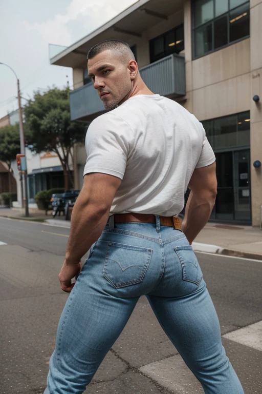 Man in off-white clothes, American round inch head, Buzz cut, national character face, tall and burly, muscular male hero, heroic male pose, muscular! Wearing skins brand bodysuit tights, black hair, super gain and cool, high resolution committee, character design cycling enthusiast, sneakers, attractive strong man, ((big butt)), jeans ((backside))