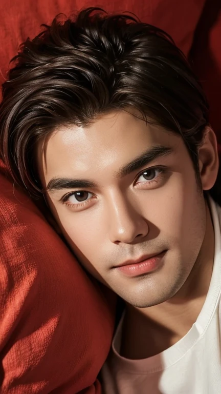 Close up high angle top view above photo of comfortable laying on red sheets linen he him his pretty man attention in telephone sms conversation not smiling
