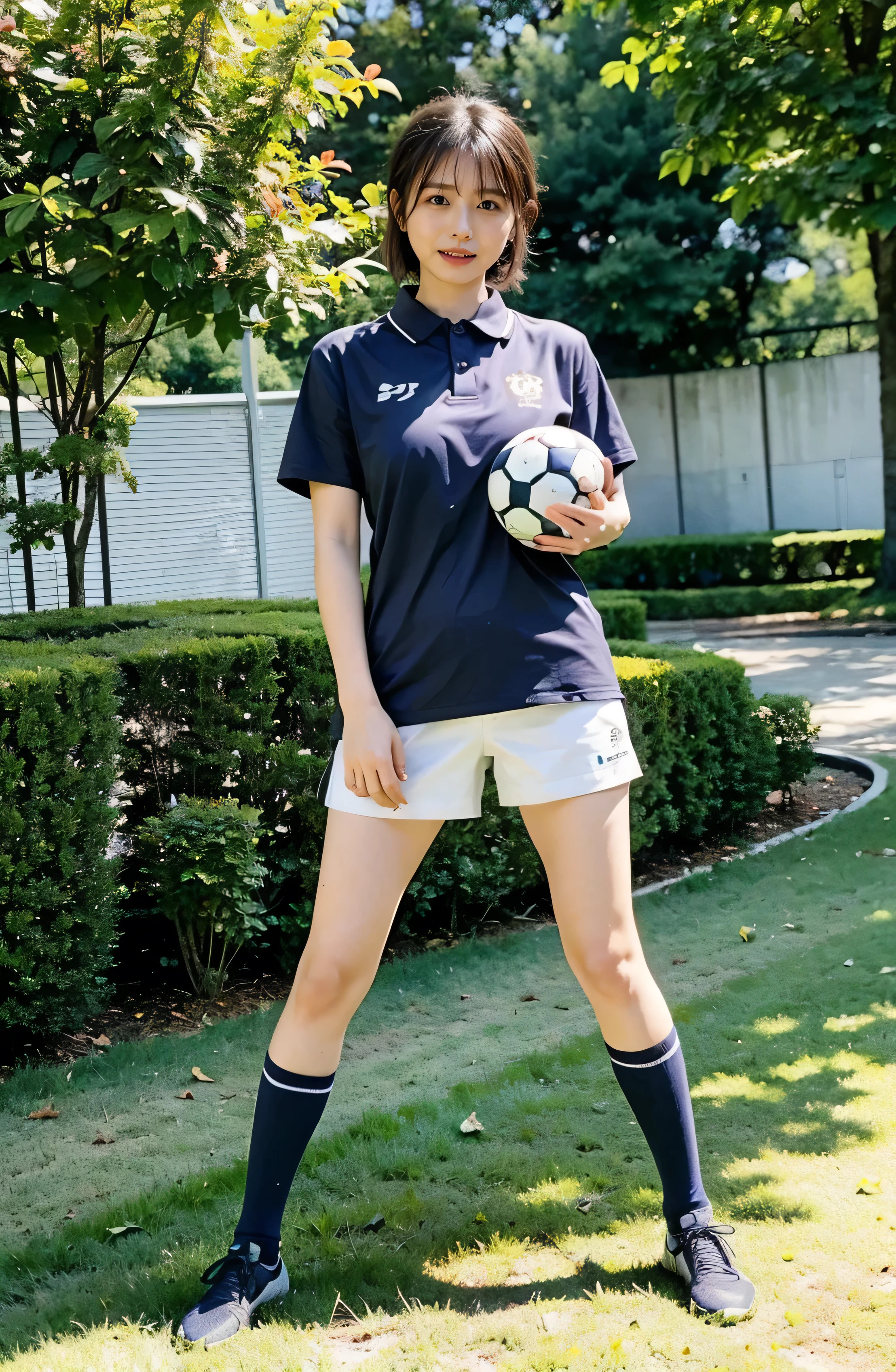 Holding a soccer ball in your hand、Photo at the soccer field、Blue Football Uniform、Japan National Football Team、Big Breasts that can be seen even through the uniform、Braid only the front hair（（National Stadium））、Full body photo、smile、 Caustics、Highly detailed photos、Very beautiful ideal short hair、Big Breasts、Super no makeup、(8k、RAW Photos、highest quality、masterpiece:1.2)、(Realistic、Realistic)、1 girl、((Medium Short Hair、Looking into the camera:1.4))、
