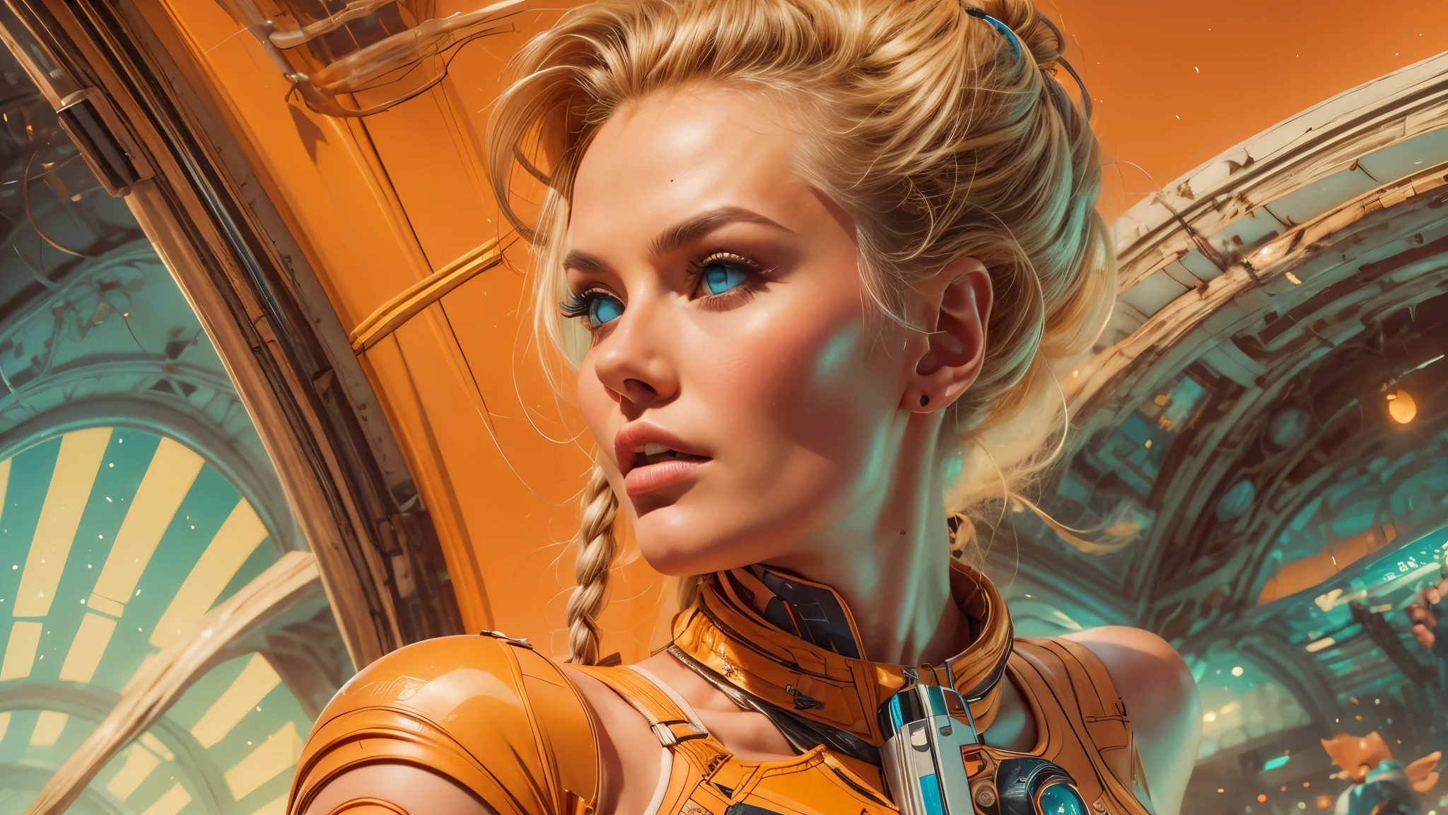 arafed image of a white woman in a futuristic suit with a spaceship in the background, movie art, in front of an orange background, inspired by Robert McGinnis, female protagonist, megastructure in the background, portrait of an ai astronaut, astronauts, an astronaut, portrait of a astronaut skeletor, perfect android girl, detailed eyes, perfectly detailed teeth, frank franzzeta and sakimichan