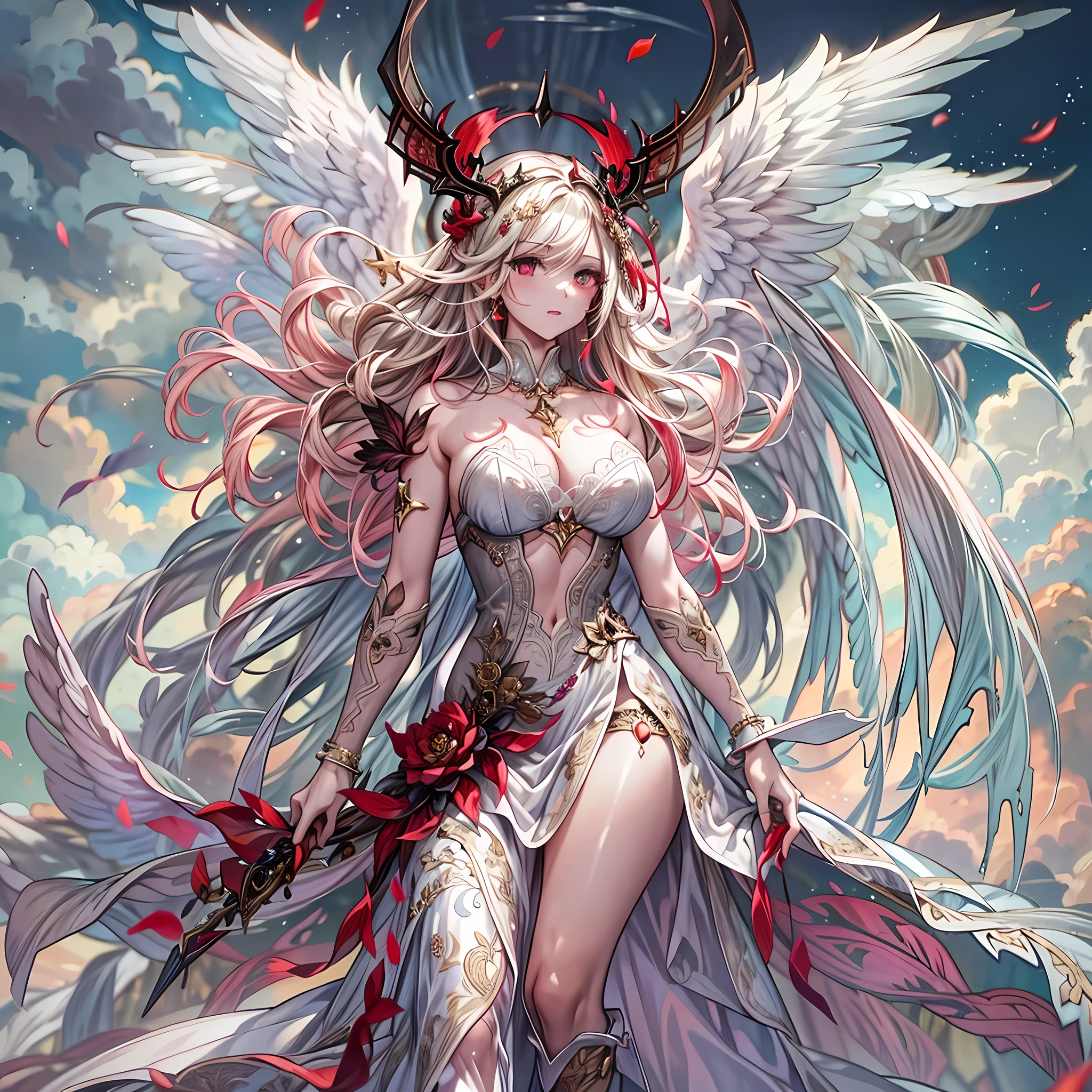 fantasy art, RPG art [[a picture of 2 women]], , a female angel (Masterpiece, 1.3, intricate details), wearing dress, pale skin, best details beautiful face (Masterpiece, 1.3, intricate details), blond hair, long hair wavy hair (Masterpiece, 1.3, intricate details), blue eyes, high heeled boots, wearing a dress (Masterpiece: 1.3, intricate details), large angelic wings, white angelic wings spread [AND] a female demon (Masterpiece, 1.3, intricate details), demon, red skin (Masterpiece, 1.3, intricate details), demonic wings, black demonic wings spread, demonic horns (Masterpiece, 1.3), red skin (Masterpiece, 1.3), black hair, red eyes, best details beautiful face (Masterpiece, 1.3, intricate details), wearing a dress (Masterpiece: 1.3, intricate details), high heels, in the border between heaven and hell, moon, stars, clouds, god rays, soft natural light silhouette, dynamic angle,  photorealism, panoramic view (Masterpiece 1.3, intense details) , Wide-Angle, Ultra-Wid