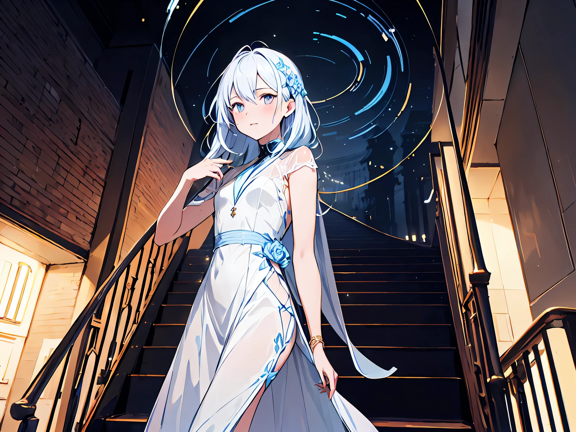 visualize a maiden with transparent silk hair,she wears an infinnate long flowing white smoke dress that spills out the side of the famous hypnotic optical illusion Penrose stairs by Oscar Reutersvärd which she stands on the second floor above a swirling twinkling abyss, physical wind carries twinkling lights throughout the scene in a fluid motion, art style inspired pale blue violrt gold and glowing white and seinen manga that connects to light novel manga