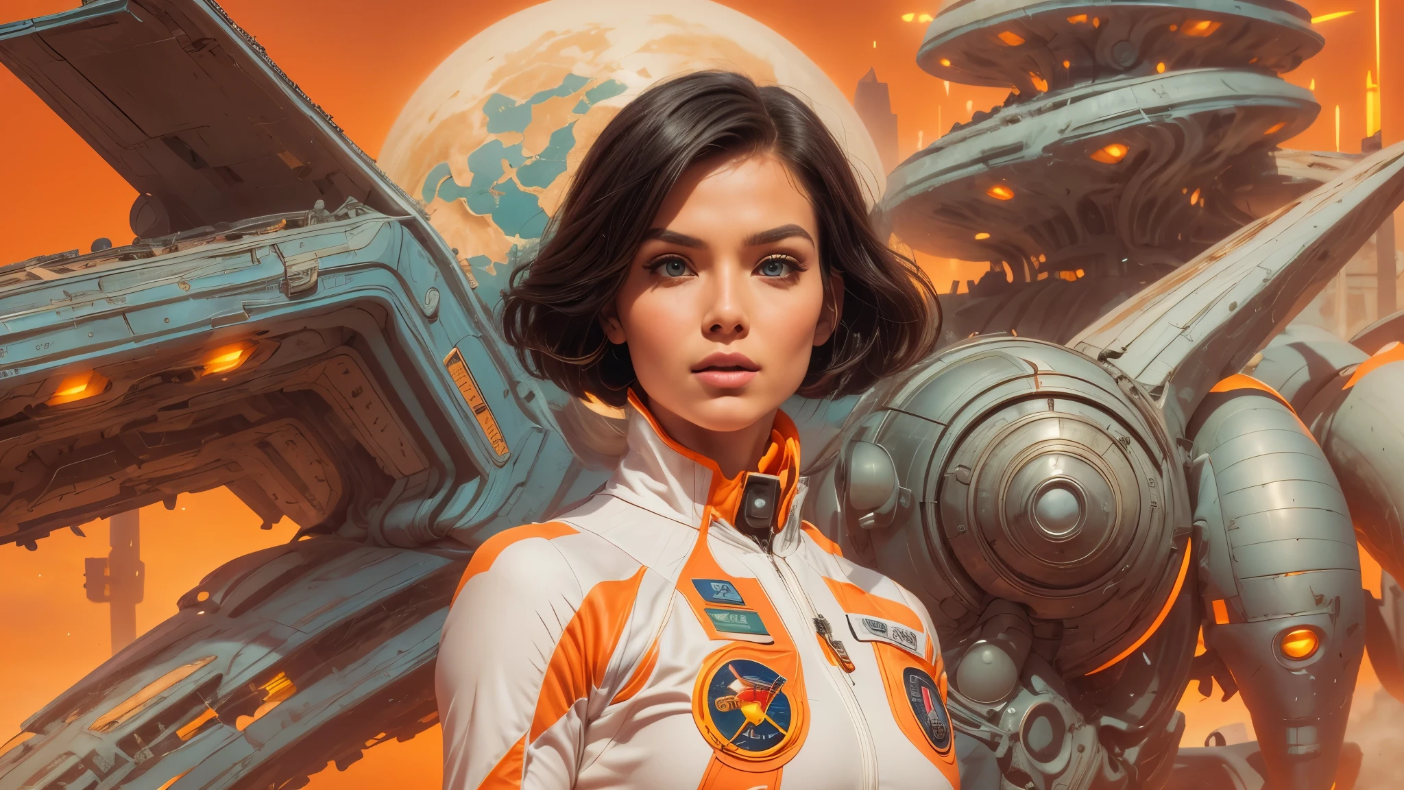 arafed image of a white woman in a futuristic suit with a spaceship in the background, movie art, in front of an orange background, inspired by Robert McGinnis, female protagonist, megastructure in the background, portrait of an ai astronaut, astronauts, an astronaut, portrait of a astronaut skeletor, perfect android girl, detailed eyes, perfectly detailed teeth, frank franzzeta and sakimichan
