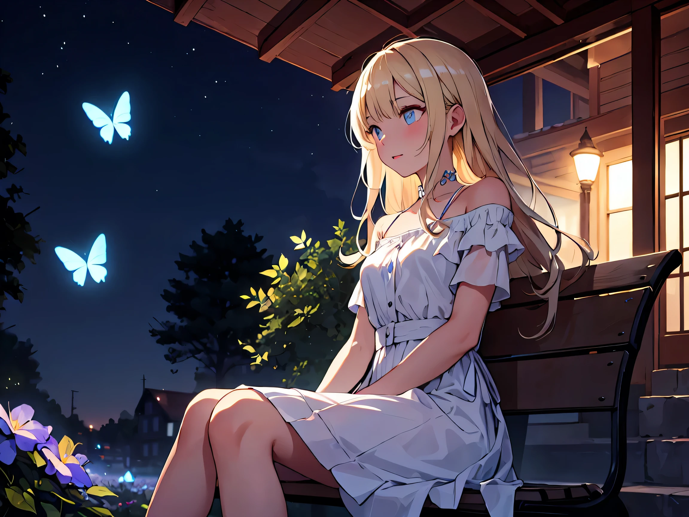 A girl with very long blonde hair sitting serenely on a bench out front of her house dressed in a white cololor sparkling dress with glowing light blue accessories and light blue glowing flowers and butterflies at night near a beautiful house

