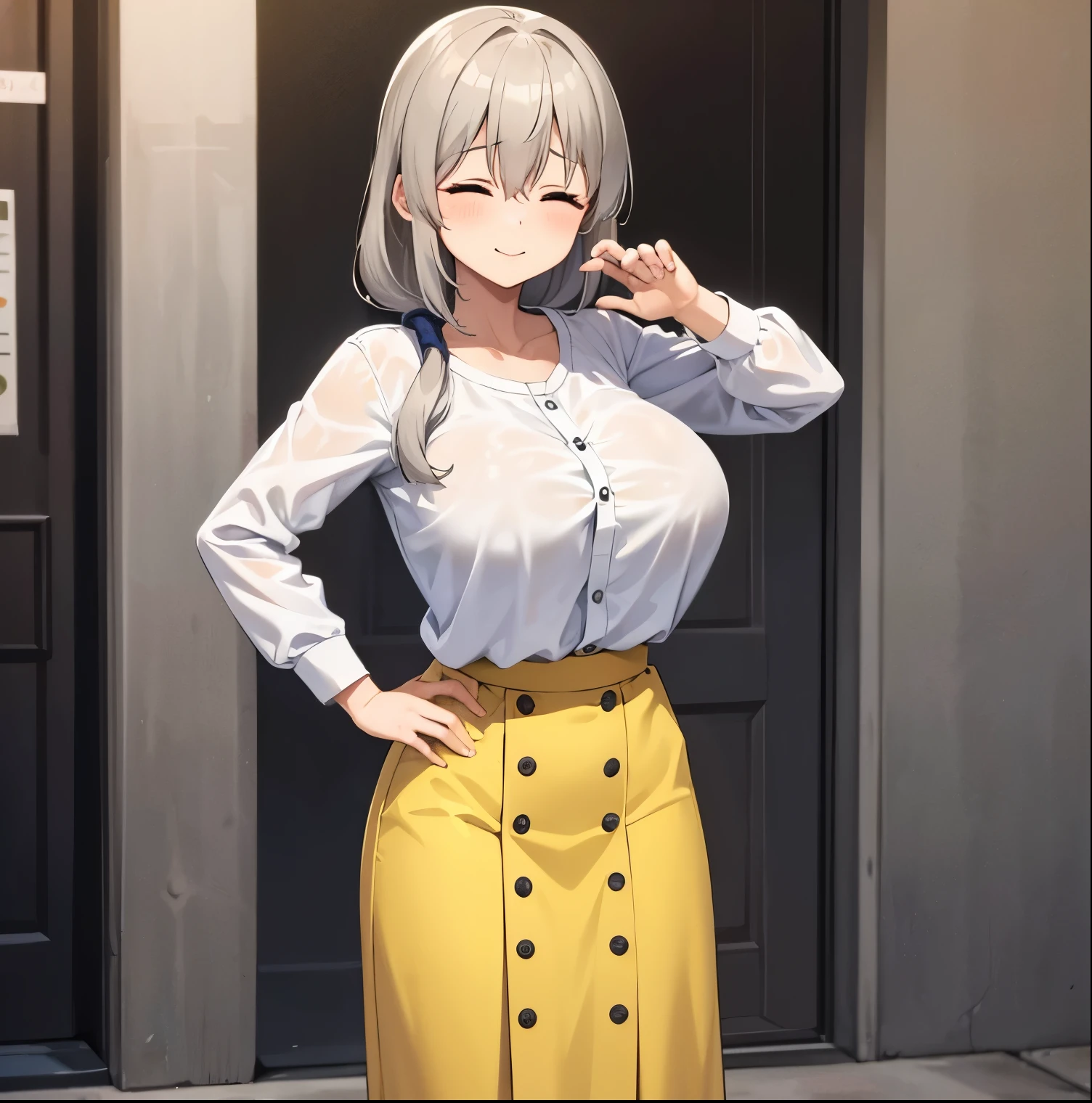 1girl, alone, uzaki tsuki masterpiece,best quality,highres,detailed,closed eyes,long hair,hair between eyes,bangs,hair over shoulder,huge breasts,shirt,white shirt,collarbone,long sleeves,long skirt,yellow skirt,buttons,shoes,grey footwear, sexy body,outdoors,standing,cowboy shot,smile, perfect hands, perfect anatomy 