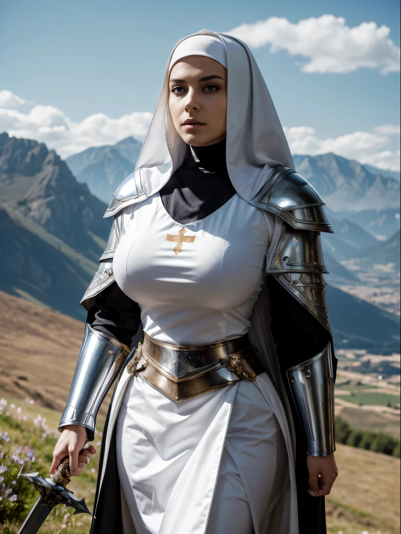(masterpiece, top quality, best quality, official art, beautiful and aesthetic:1.2), (1girl:1.3), ((Sharp facial features, sharp features, hawkish features)), ((blue eyes)), busty brunette paladin knight girl, extremely detailed, portrait, looking at viewer, solo, (full body:0.6), detailed background, full-body shot, (warm mountain meadow theme:1.1), holy knight, (nun), charlatan, smirk, mysterious, swaying in mountains, armor, polished metal, gold trim, long boots, white fabric, pelvic curtain, robe, pale leather, ((((nun, greatsword, corona, holy aura, heavy armor, armored, long legs, pelvic curtain, toned, muscular)))), slim waist, slim hips, long legs, medieval (mountain exterior:1.1) background, dark mysterious lighting, shadows, magical atmosphere, dutch angle