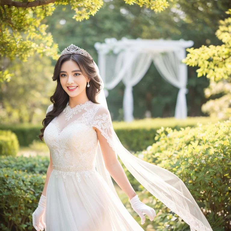 (best quality,4k,8k,highres,masterpiece:1.2),ultra-detailed,(realistic,photorealistic,photo-realistic:1.37),HDR, UHD, studio lighting, extreme detail description, professional, vivid colors, bokeh, portraits, romantic, soft lighting, dreamy atmosphere, ethereal, elegant, flowing.
6-foot-tall woman, white wedding dress, long white gloves, white garland, walking towards a wedding ceremony, bride, outdoor venue, sunny day, green garden, blooming flowers, white gazebo, floral decorations, delicate lace details, intricate embroidery, flowing fabric, chiffon, tulle, long veil, sparkling tiara, radiant smile, joyful expression, elegant updo hairstyle, natural makeup, rosy cheeks, light pink lipstick, bright blue eyes, long eyelashes, graceful posture.
