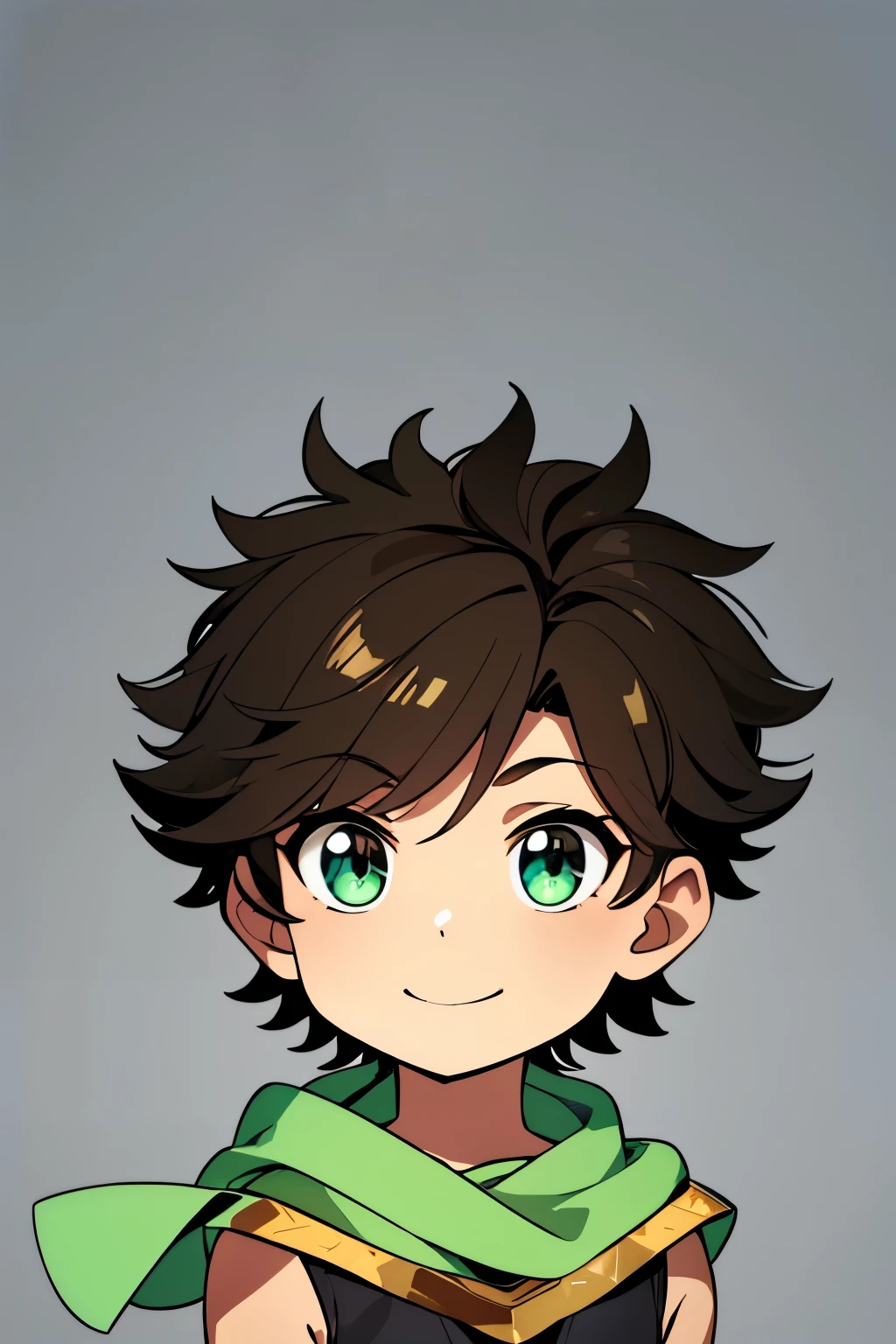 (high-quality, breathtaking),(expressive eyes, perfect face) 1boy, male, solo, toddler age, short height, chibi style, age 5, dark brown color hair, green eye color, spiky fluffy hair, wavy hair, short hair length, cute smile, cute face, childlike face, white tunic, green trim, green scarf, Symmetrical Eyes, portrait, positive expression, grey background, greek clothes, ancient Greek clothes