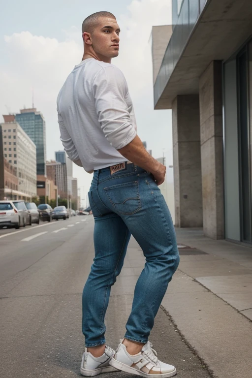 Man in off-white clothes, American round inch head, Buzz cut, national character face, tall and burly, muscular male hero, heroic male pose, muscular! Wearing skins brand bodysuit tights, black hair, super gain and cool, high resolution committee, character design cycling enthusiast, sneakers, attractive strong man, (big butt), jeans ((backside))