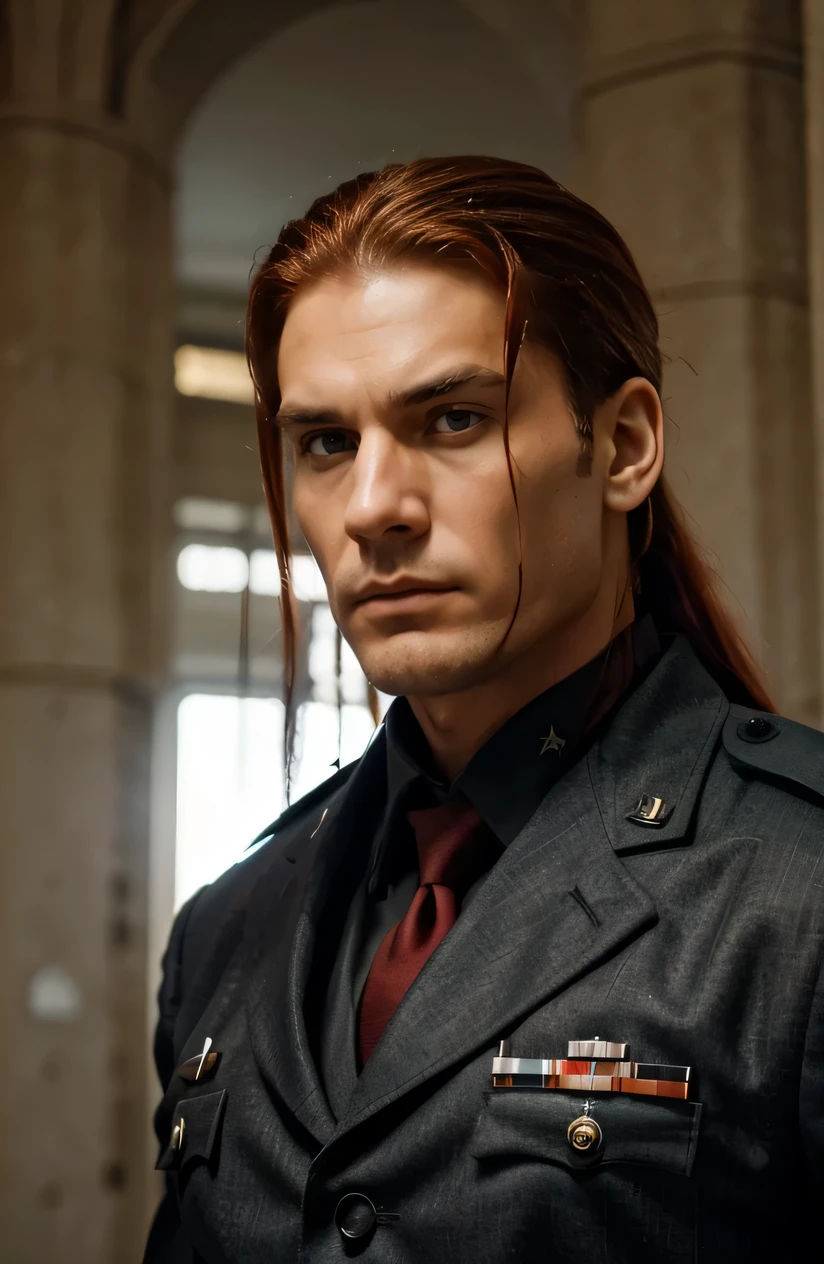 The man is tall and robust, with an imposing stature that conveys confidence and authority. His long, well-kept red hair is tied back, highlighting his military appearance. He wears a formal military uniform, which fits his muscular body perfectly. The uniform is adorned with badges and insignia, establishing your status and position within the military rank. His bearing is firm and his specific gaze reveals a strong presence and sharp intelligence. In addition to his military authority, he exudes an aura of an imposing warrior. His well-defined muscles and upright posture suggest years of training and combat experience. Each movement is executed with precision and determination, reflecting his skill as a warrior. His facial expression is serious and focused, showing that he is always ready to face challenges and protect those under his command.wearing official overcoat; wearing an open official overcoat and shiny black boots and long red hair tied up. on top of a pedestal in front of his subordinates The tall, strong man, with red hair tied back, is mounted on top of an imposing war robot, in front of his soldiers. His formal military uniform, adorned with badges and insignia, highlights his commanding position. As he towers over the robot, his presence exudes authority and leadership. The surrounding soldiers look on with respect and admiration, recognizing him as a skilled warrior and an inspiring leader. The robot, with its massive structure and advanced weaponry, complements the strength and determination of the man who rides it, showing that they are ready to face any challenge that presents itself.