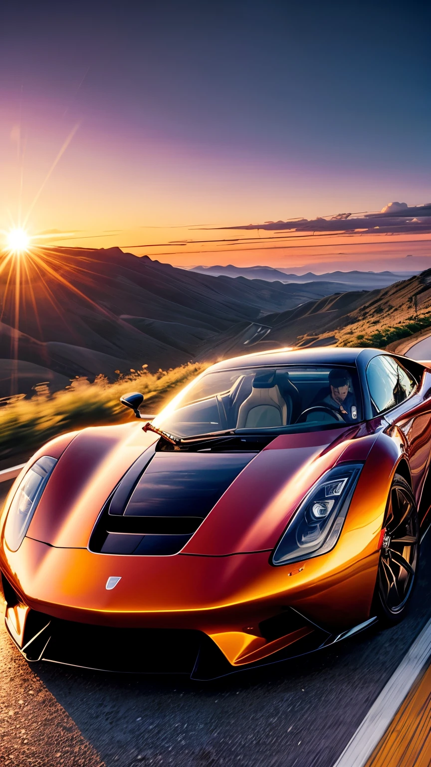 Picture a concept car cruising down a perfectly straight highway towards a stunning horizon. The car’s retro design and polished exterior gleam in the soft glow of the setting sun. The road is lined with rolling hills and colorful wildflowers, creating a charming and inviting path.

Above, the sky is painted with deep oranges, pinks, and purples as the sun sets. Wispy clouds catch the fading light, adding a touch of magic to the scene. The car iconic shape moving smoothly through the tranquil landscape.

As the car heads towards the radiant horizon, bathed in golden light, the scene captures the spirit of adventure and the timeless appeal of the open road.