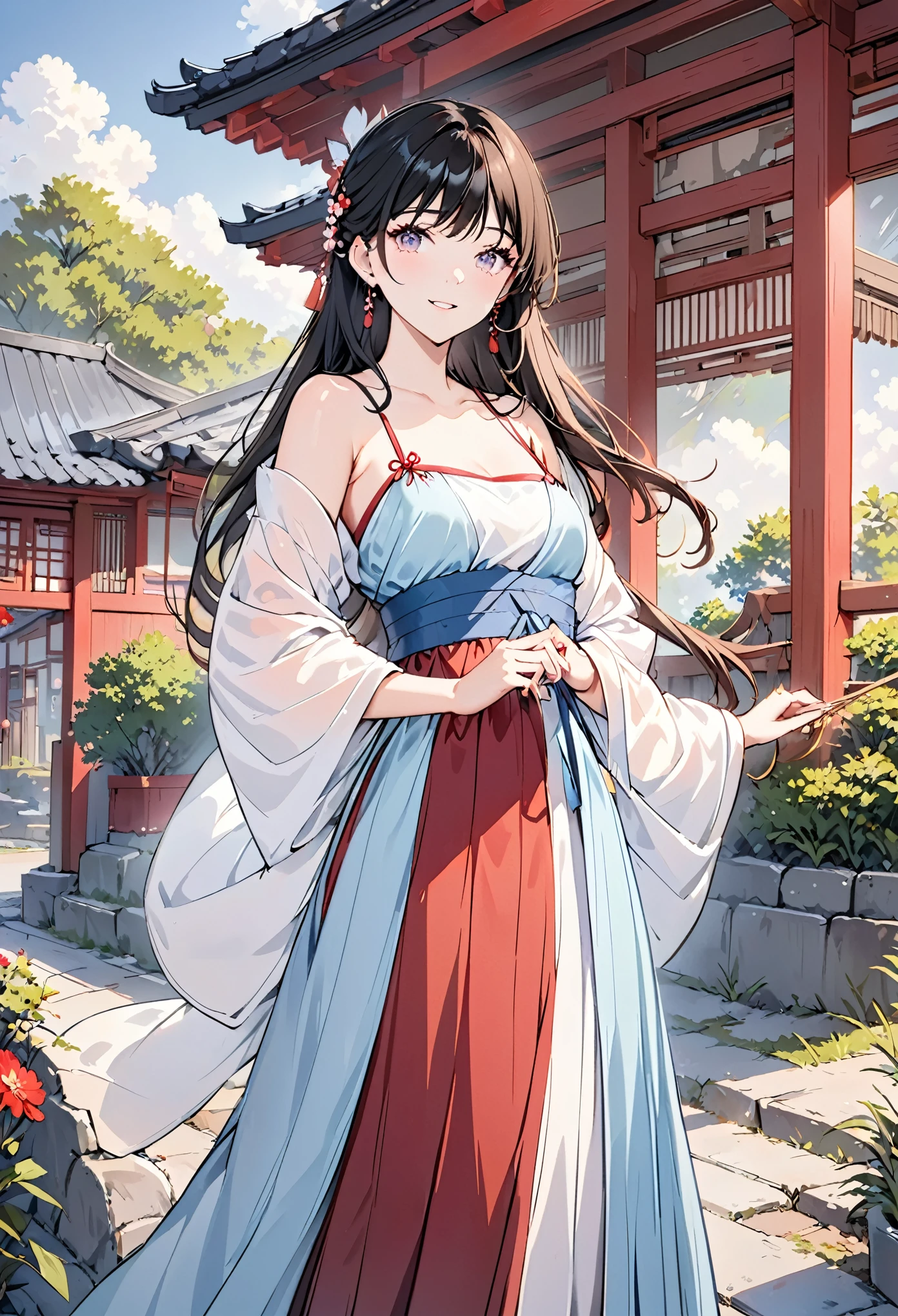 (8K, 最OK品質, masterpiece:1.2), (Practical, photo-Practical:1.5), outdoor, 1 Girl, long hair, Colored contact lenses, Lovely, Put your hands behind your back, Dating, (Smile:1.15), (Shut up), Medium breasts, Beautiful and delicate eyes, earrings, spaghetti straps, (Hanfu, don, don代, don服饰: 1.4), ((Topless)), ((OK)), ((Clear your fingers)),