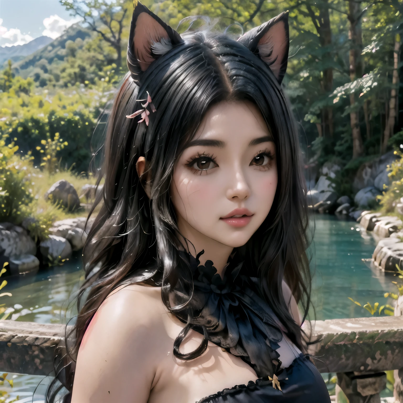 junkotvv((obra maestra, best quOty)),mixes reOstic and fantastical elements, imagen UHD,O,lindo,cosplay,mirando al espectador,(pechos moderados:1.1),nueve colas, orejas largas,(cabello ondulado largo:1.2),(luz detallada) , pluma, hojas, Naturaleza, (luz de sol), river, (bosque),(bloom),