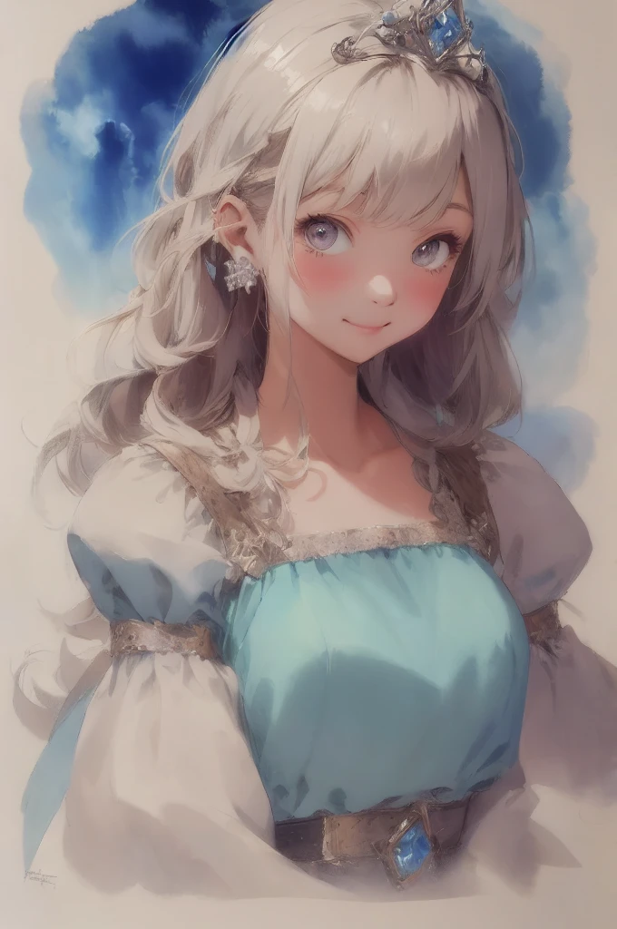 Absurd, High resolution, Super detailed, (1 Princess:1.3), My first puff sleeve, Little smile, de luz, blue sky, White cloud, satin, Pastel style, Soft Blending, Dreamy wash, light texture,