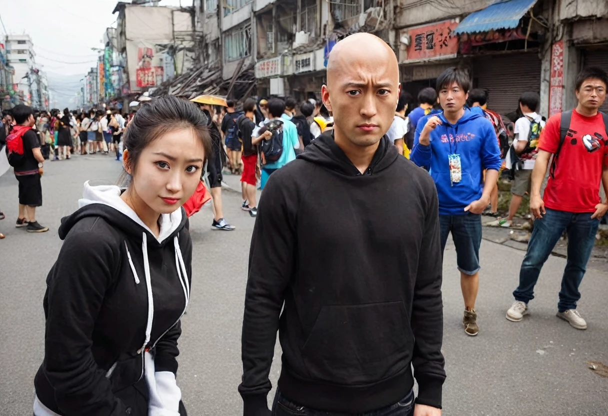 Saitama, one punch man, looks confused. A cute woman has declared she is his girlfriend and is posing for couples photos and asking the crowd to take picture, set in a wrecked part of town post fight (comedy)