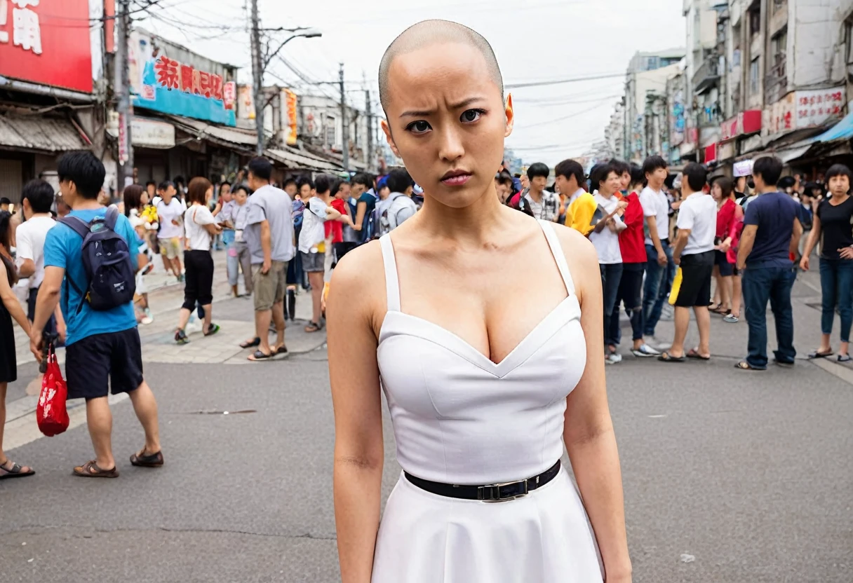 Saitama, one punch man, looks confused. A cute woman has declared she is his girlfriend and is posing for couples photos and asking the crowd to take picture, set in a wrecked part of town post fight (comedy)