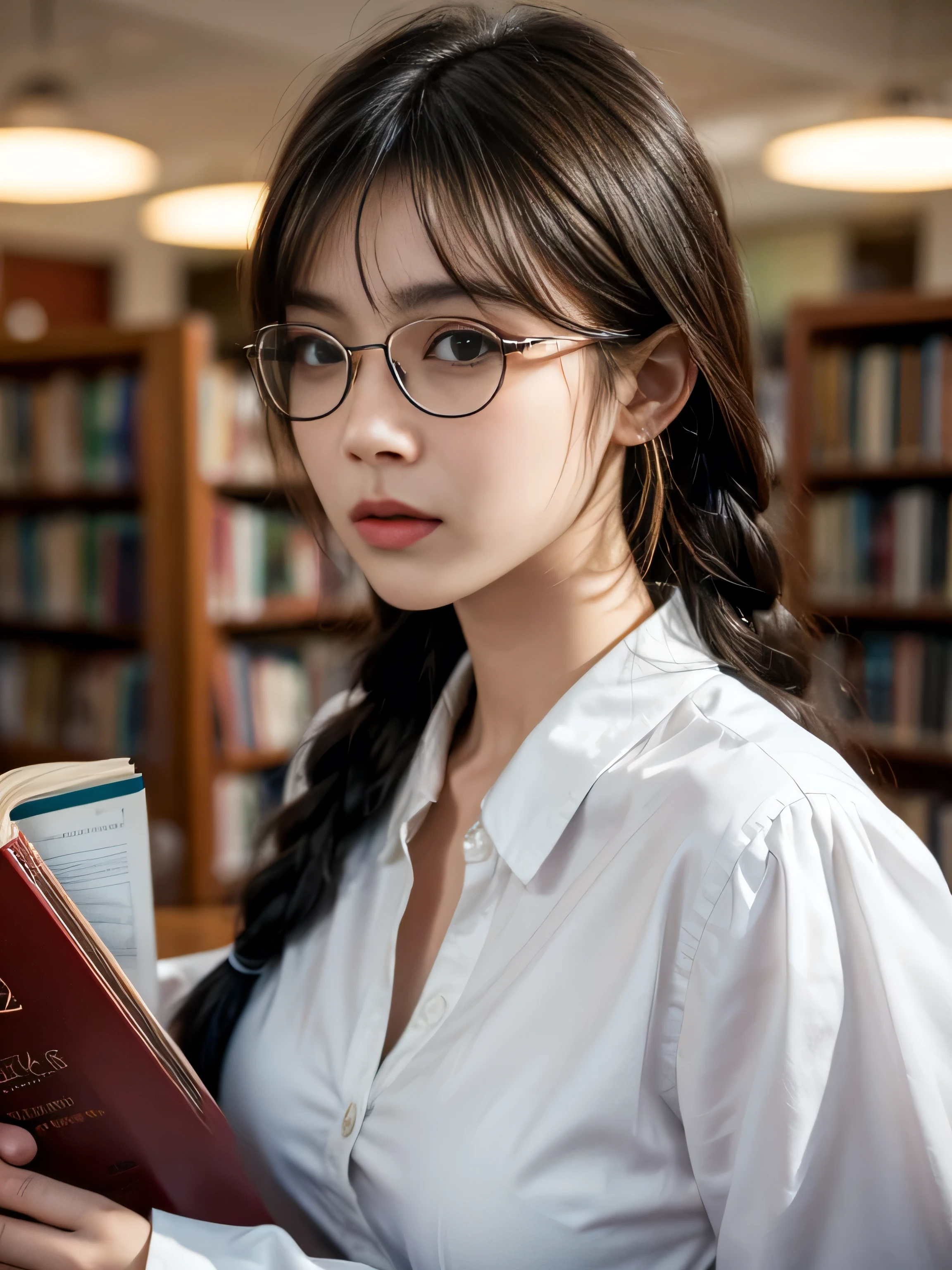 19 years old child, twin braids, bangs, rimless eyewear, Thailand high school uniform, white long sleeve shirt and dark blue dress, big round breast, (chin grab:1.3), (photorealistic:1.2), (ultra realistic:1.3), (very detailed:1.1), ((masterpiece)), depth of field, first-rerson view, library, reading book, attentively.