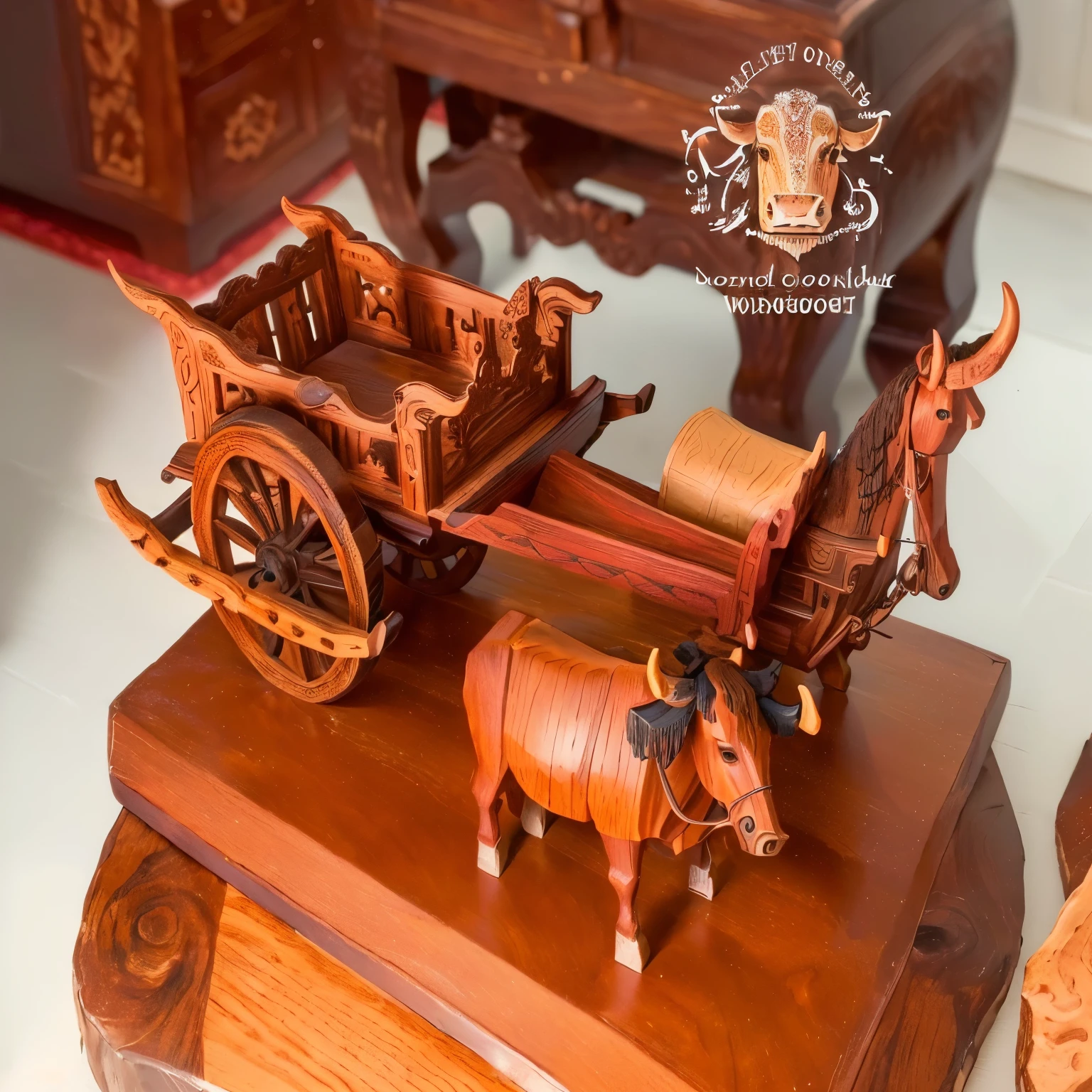 carvings of a cow drawn carriage and a wooden bull, wooden art toys on base, with detailed wood, wooden art toys, wood carving, wooden decoration, professional woodcarving, detailed wood carving, on a wooden tray, wooden furtniture, sculpture made of wood, made of wood!!!!!, intricate wood carving, wood art, with a wooden stuff, wooden statue