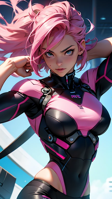 Beautiful cybernetic girl pink hair looking at camera in underwear detailed muscles realistic masterpieces dynamic poses 