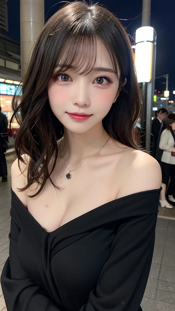 In detail, High resolution, high quality、Perfect dynamic composition, Beautiful fine details, Beauty、Natural color lip、The background is clear、Shooting up close、((((Wavy Hair、night、It's dark outside、Tokyo、Tokyo駅、Off the shoulder))))、Face is close、20-year-old woman、1 person、Clear Skin、Shiny Hair、 最high quality, figure, Very detailed, In detail, High resolution, 8k、The correct state of the human body、Shiny wet hair、Perfect beautiful face、Big Breasts、G-cup bust、necklace、Smiling Kindly、Slender body、Protruding chest、Soft Bust、自然なBig Breasts、Big eyes、Big dark eyes、Clear eyes、Big Eyes、Large tear bags、Long eyelashes、looking at the camera、Thick eyebrowascara、eye shadow、Eyeliner、valley