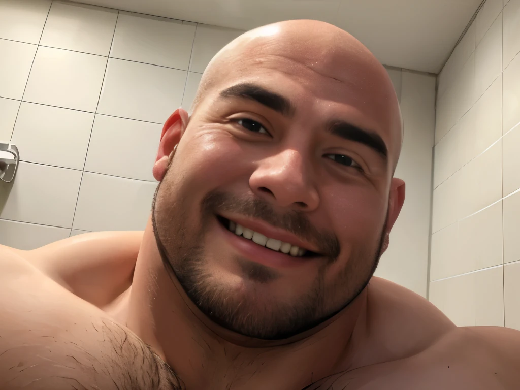 (highest quality:1.5), (masterpiece:1.5), (8K:1.5), full body, night, bathroom, (White tile wall:1:1), (smile:1.2), (Macho:1.1), Japanese, bald hair, Short Beard, Huge body, fat, Completely naked, Lying on your back, (shoot from abobe:1.2), close-up face,