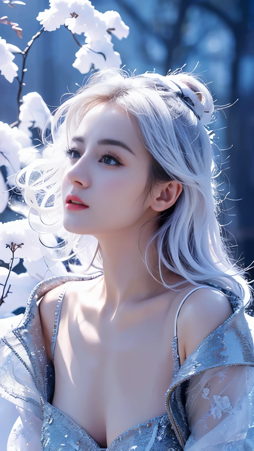 (((masterpiece))), best quality, illustration, 4k wallpaper, light, absurd, 1 girl,(snow,ice), snow花, In winter, white hair, Shiny hair, curls, Transparent clothes, Hollow clothes，decorate, Lace, Wet clothes, away_Shoulder, Headband,masterpiece, telephoto lens, absurd, Exquisite facial features，Record，Poster composition，strike an elegant pose，，Natural light，Soft Light，（Seven-part combination） ，epic，Fantastic and magical，mystery，Cleavage，exposed，Bigger breasts