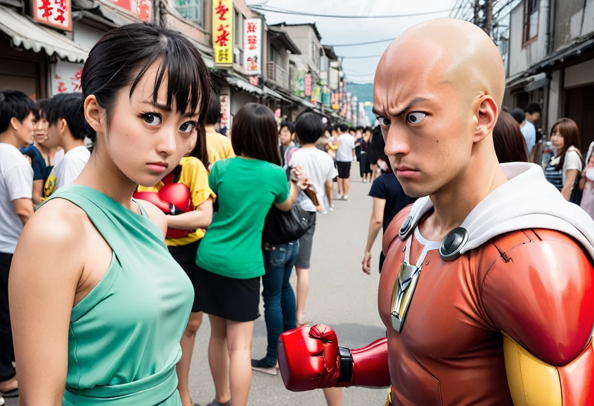 Saitama, one punch man, looks confused. A cute woman has declared she is his girlfriend and is posing for couples photos and asking the crowd to take picture, set in a wrecked part of town post fight (comedy)