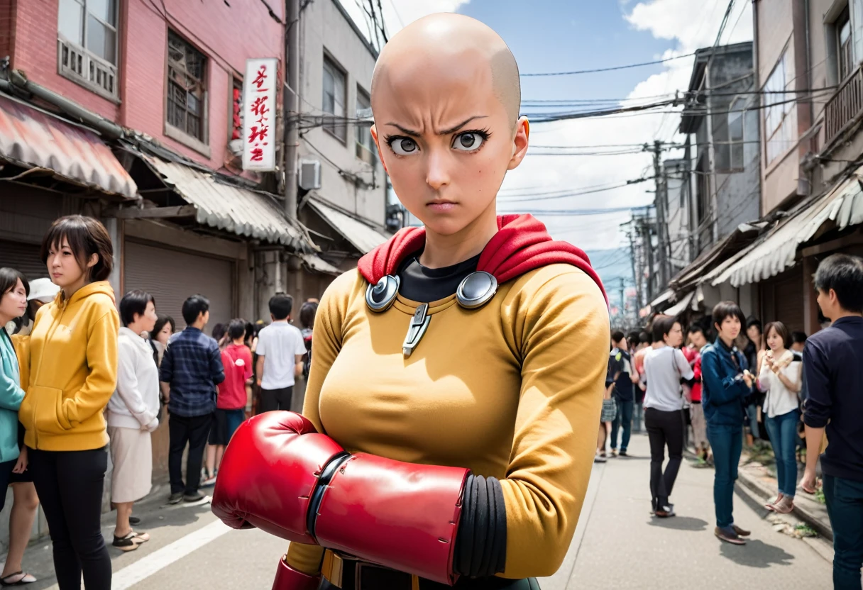 Saitama, one punch man, looks confused. A cute woman has declared she is his girlfriend and is posing for couples photos and asking the crowd to take picture, set in a wrecked part of town post fight (comedy)