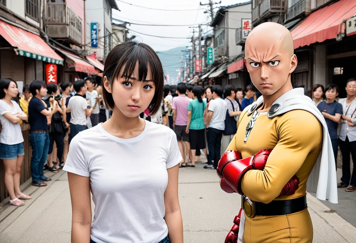 Saitama, one punch man, looks confused. A cute woman has declared she is his girlfriend and is posing for couples photos and asking the crowd to take picture, set in a wrecked part of town post fight (comedy)
