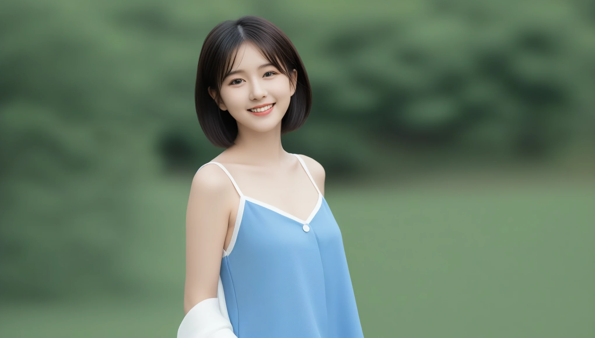 8k, 超High resolution, 最high quality, masterpiece, Surreal, photograph, 1 girl, (:1.3), pretty girl, Cute Face, Beautiful eyes in every detail, 細かくdetailedに,masterpiece,Japan Female Announcer, (high quality, High resolution, 非常にdetailed, reality:1.37), Peaceful atmosphere, (Outdoor, garden), Teenage girl standing alone, (my breasts are small.), Beautiful details, Cute Smile, (Black bob hair), Blue sleeveless dress, White socks, loafers、Dynamic pose、 Sexy pose、See through 、Looking at the audience、beauty,Long neck、Laugh a little、Please close your mouth and laugh、(((Ideal body type))),A-cup small breasts :2,Perfect Anatomy、鮮明なdetailed、detailed、Surreal、Light and shadow,Strong light,Fashion magazine cover,Thin lips