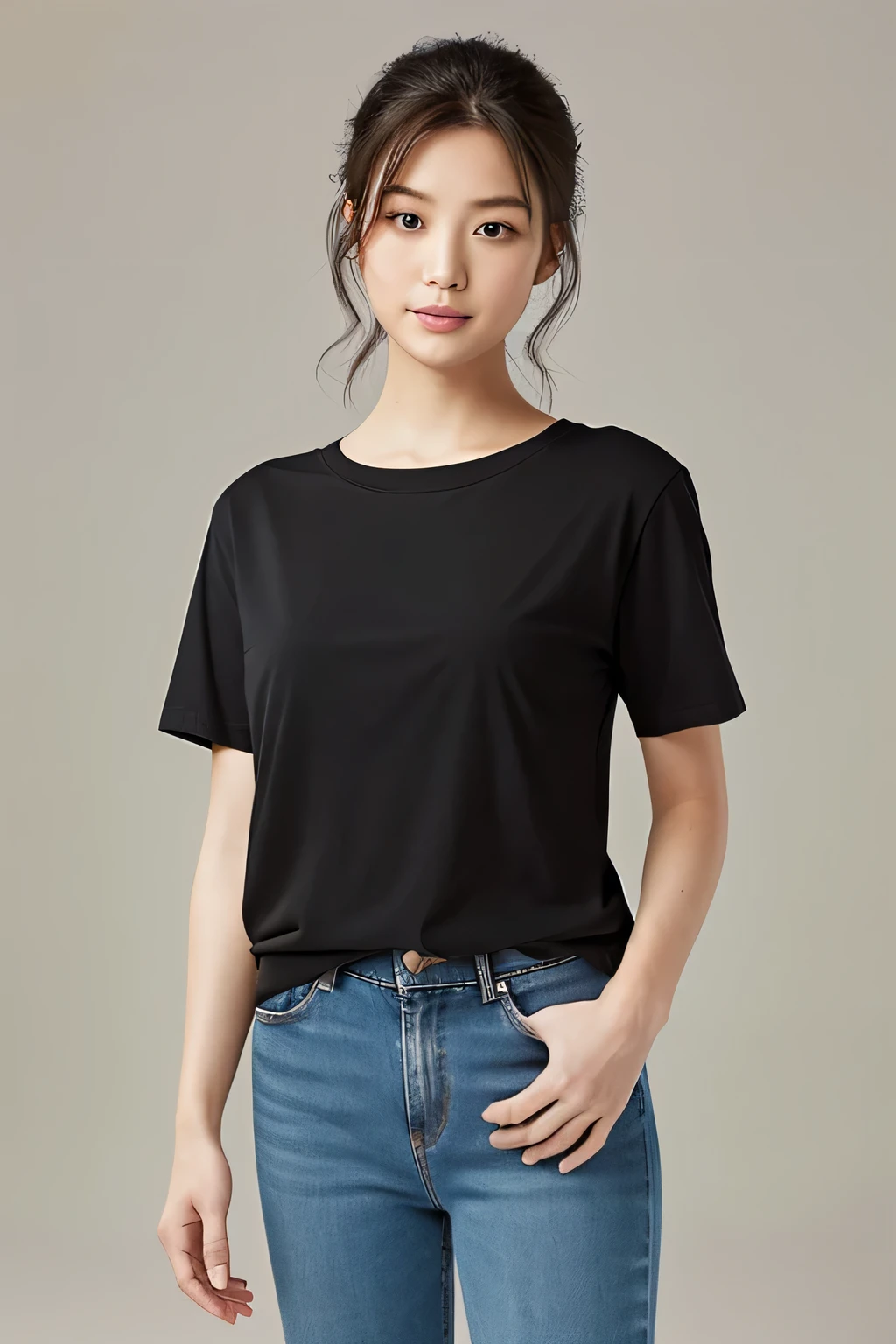 Mastepiece, highest quality, figure, Super fine, be familiar with, High resolution, 8K Wallpaper, Perfect dynamic composition, whole body, Beautiful eyes in every detail, 20-year-old women, Natural lips, Wearing a plain black T-shirt, Asian Woman, Crew neck T-shirt, Plain black T-shirt, Smaller breasts, Facing forward, T-shirts are short sleeves, Pants are jeans, T-shirts should be worn over jeans, True Facing forward pose,