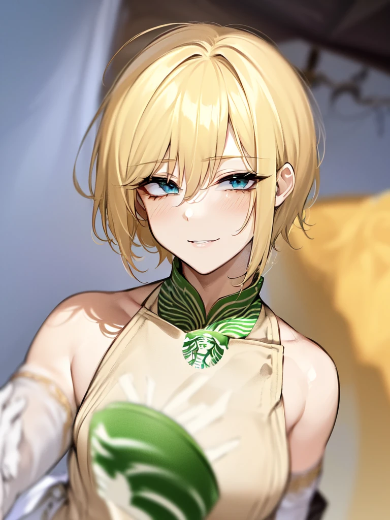 (long-eyelashes)(blonde hair)(long hair)(anime)(anime style) (cinematic lighting)(masterpiece)(accurate)(anatomically correct)(super detail)(high details)(high quality)(best quality)(highers, 8k)(Modern clothes)(youthful appearance)(18 years old boy)(soft features)(delicate facial structure)(narrow chin)(slender neck)(gentle smile)(captivating expression)(natural lighting)(soft and dreamy atmosphere)(solo)(nose blush)(light blush)(red lips)(happy)(glint)(seductive smile)(ear blush)(bright pupils)(wide eyes)(blue eyes)(masterpiece) (Very detailed) (Half realistic)(blond hair)(long hair) (Delicate and delicate facial features)(ultra-detailed)(best quality)(perfect body)(detailed eyes:1.3)(clothed)(wide hips)(perfect hands and eyes)((perfect face)(sensual hips)(perfect slender body torso 1.2)(8k)(anatomically correct)(shaved)(thigh gap:1.2)(cinematic lighting:1.2)(high resolution:1.3)(dynamic shadows)(standing:1.3)(anime)(1 boy)(Solo)(looking at viewer)(best quality, 4k, highers, masterpiece:1.2)(ultra-detailed)(portraits)(beautiful detailed eyes)(beautiful detailed lips)(long eyelashes)(fair skin)(youthful appearance)(one boy)(feminine boy)(Starbucks apron)