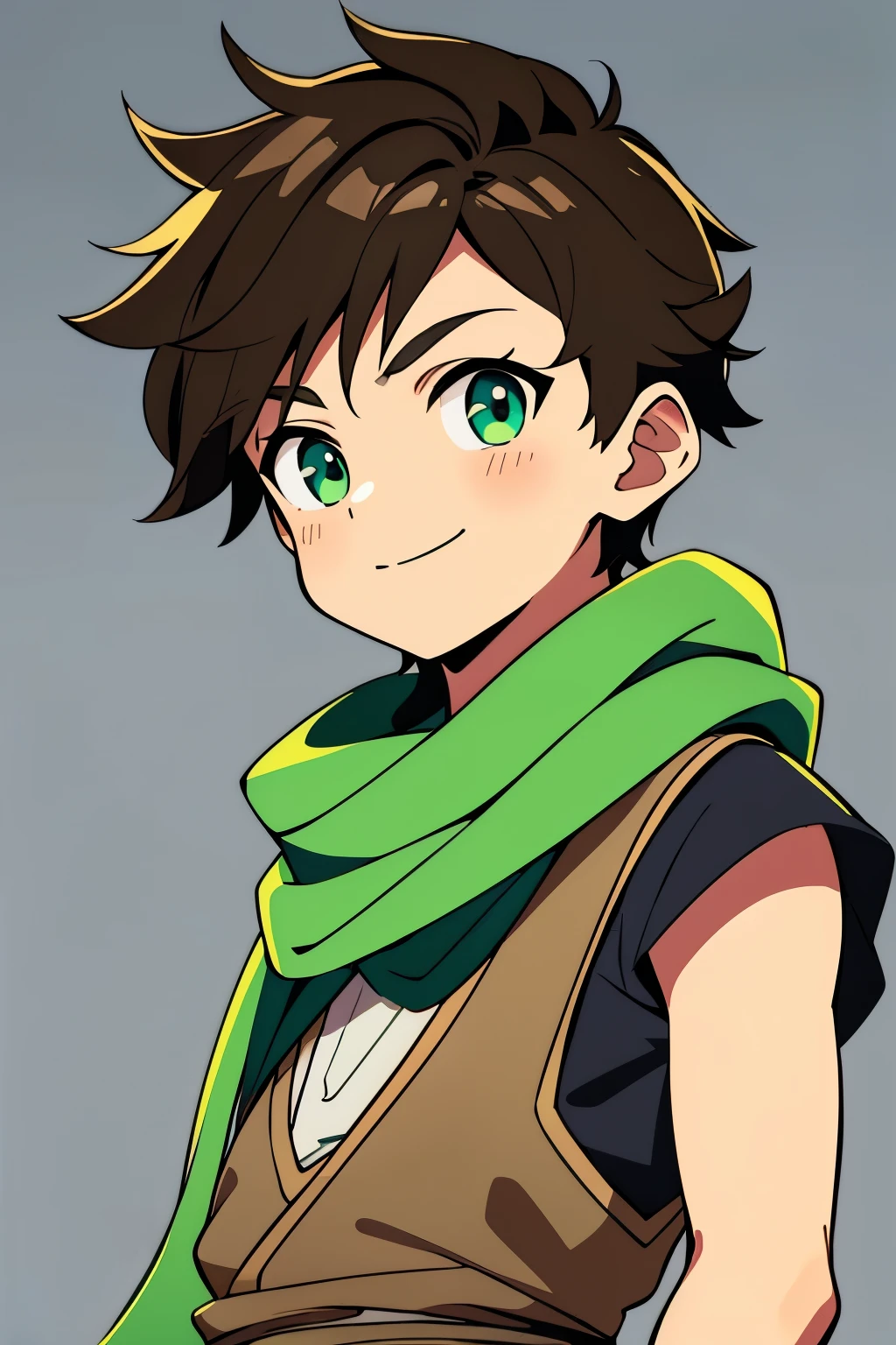 (high-quality, breathtaking),(expressive eyes, perfect face) 1boy, male, solo, , short height, chibi style, age 5, darkown color hair, green eye color, spiky fluffy hair, wavy hair, short hair length, cute smile, cute face, childlike face, white tunic, green trim, green scarf, Symmetrical Eyes, portrait, positive expression, grey background, greek clothes, ancient Greek clothes
