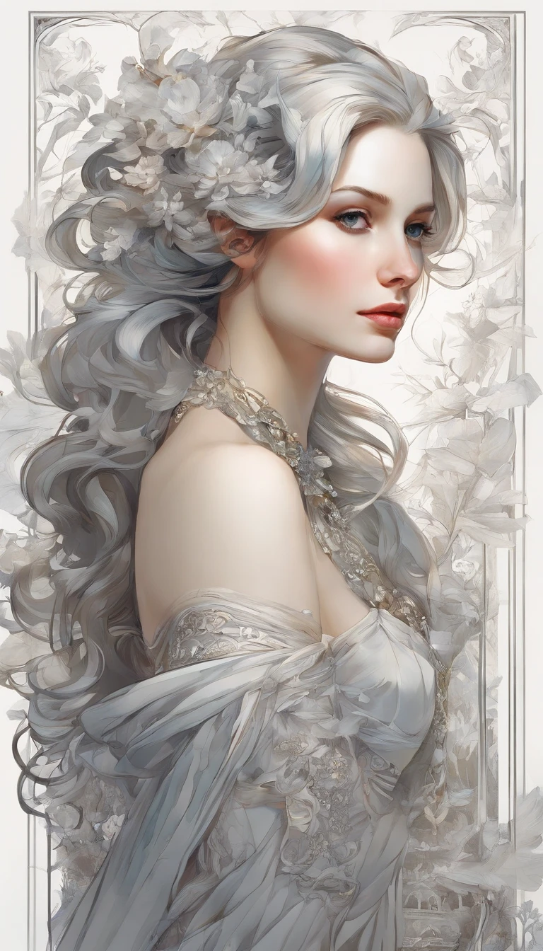 ((Gorgeous Princess)), (with long, Loose gray hair), (Bright and beautiful eyes), (side profile), art station trend, "The Flower of Hope" Jean-Honoré Fragonard, Peter mohrbacher, Super detailed, Crazy detailing, Stunning, Intricate, elite, Jugendstil, ornate, liquid wax, elegant, luxurious, by Greg Rutkowsky, ink style, Sticker, vector art, Beautiful character design, Double exposure shot, Luminous design, Winning bet, Masterpiece, AMOLED-black background,
