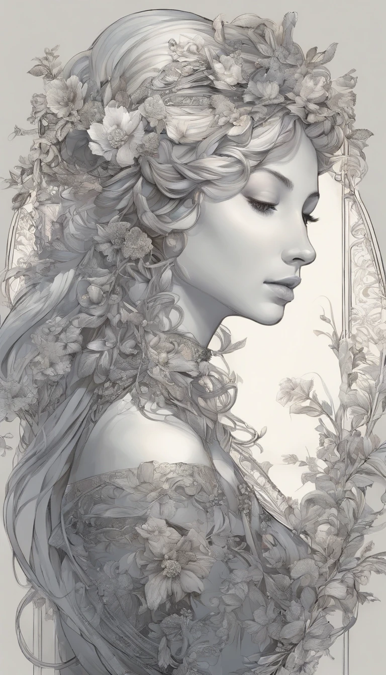 ((Gorgeous Princess)), (with long, Loose gray hair), (Bright and beautiful eyes), (side profile), art station trend, "The Flower of Hope" Jean-Honoré Fragonard, Peter mohrbacher, Super detailed, Crazy detailing, Stunning, Intricate, elite, Jugendstil, ornate, liquid wax, elegant, luxurious, by Greg Rutkowsky, ink style, Sticker, vector art, Beautiful character design, Double exposure shot, Luminous design, Winning bet, Masterpiece, AMOLED-black background,